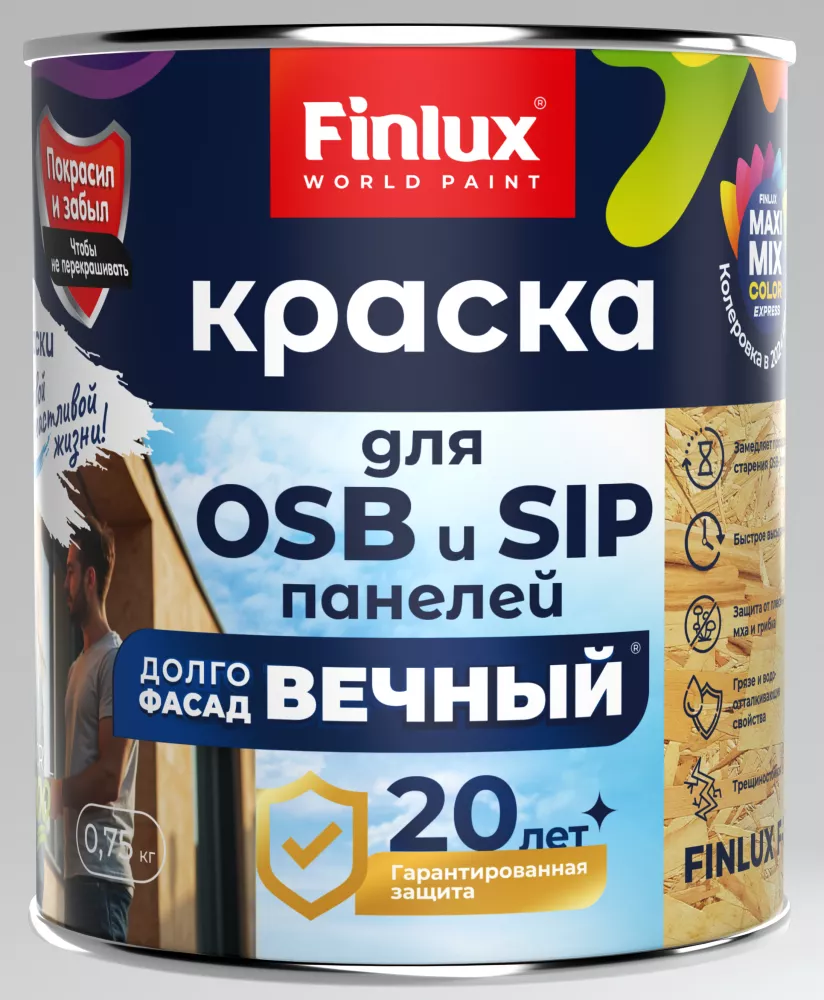 Акриловая краска с БИО-защитой  для OSB плит и SIP панелей Finlux F-25 WorldPaint