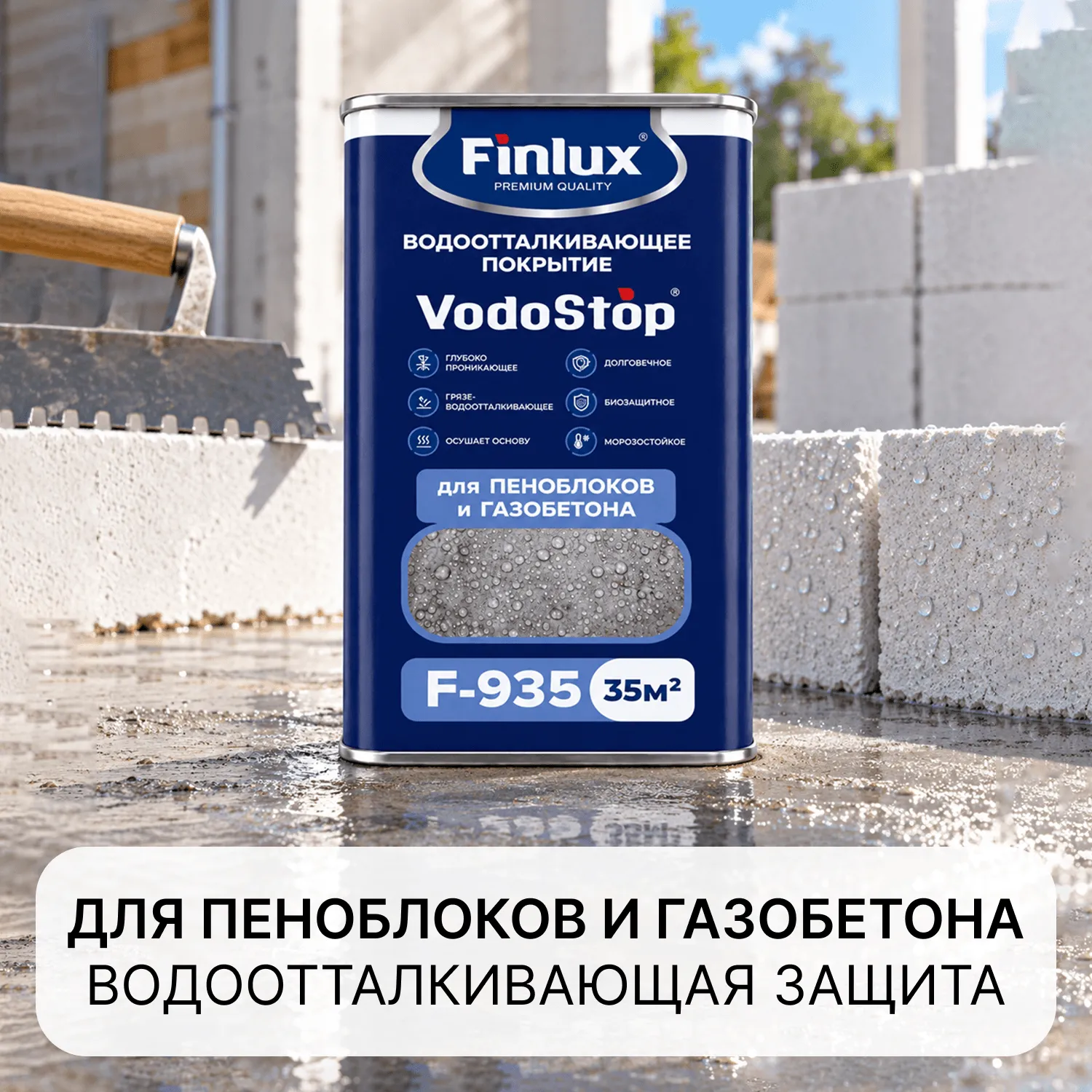 Силиконовое водоотталкивающее покрытие для пеноблоков / газобетона Finlux VodoStop F-935 / Финлюкс Водостоп Ф-935